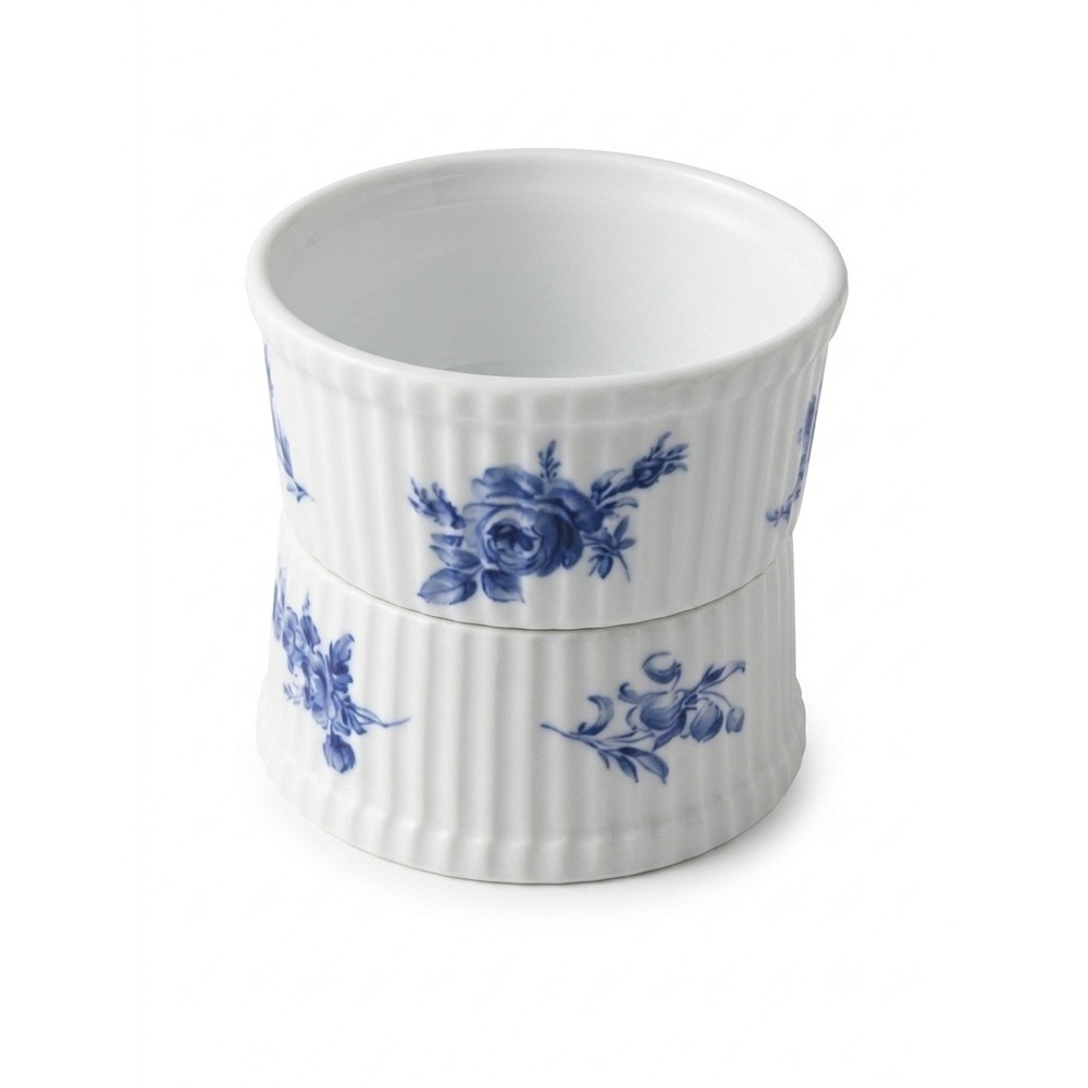Set of 2 Vintage Apilco France Blue Rose Toile Porcelain Ribbed Soufflé Ramekins
